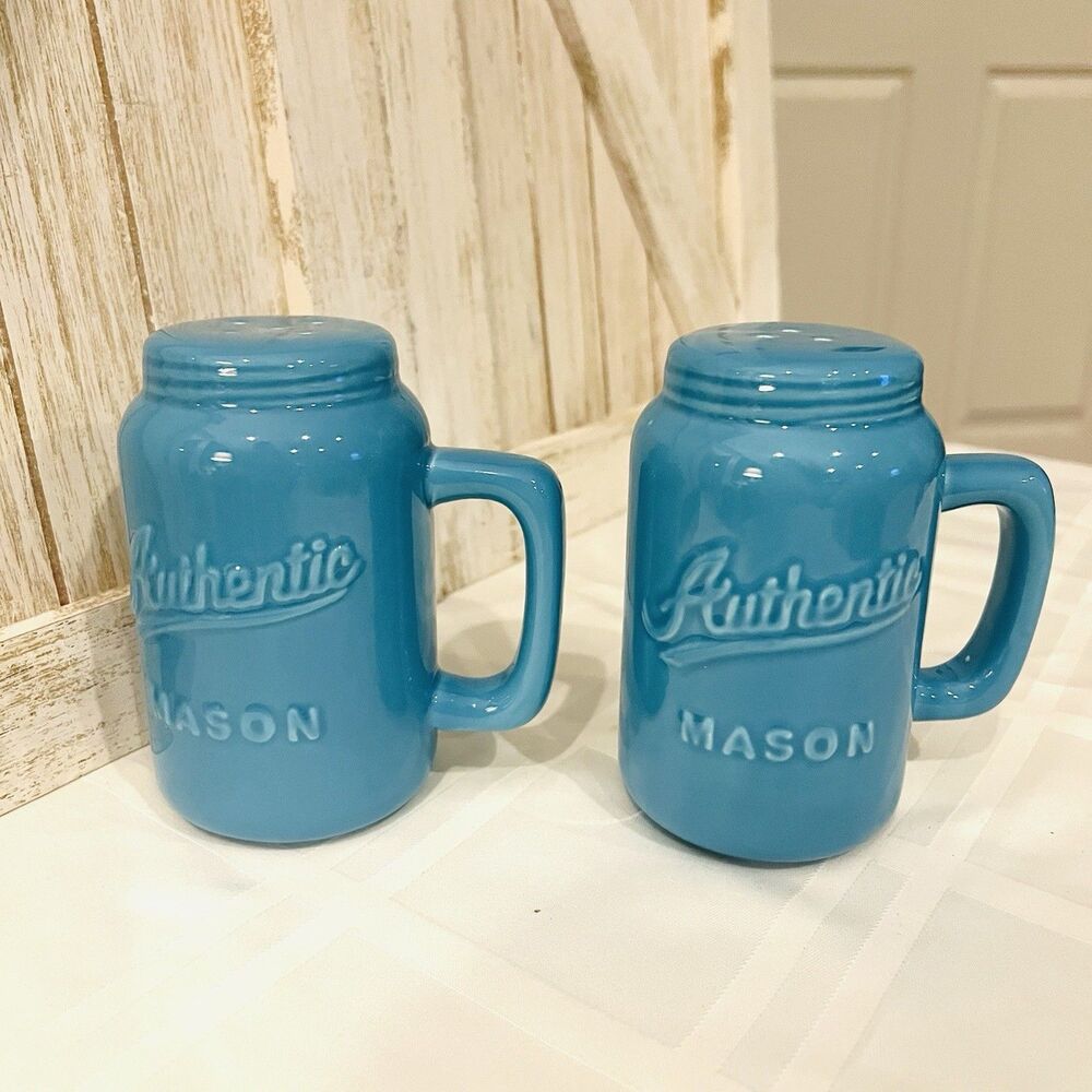 Ceramic Turquoise Mason Jar Salt & Pepper Shakers Set Authentic Mason 4.75" NEW